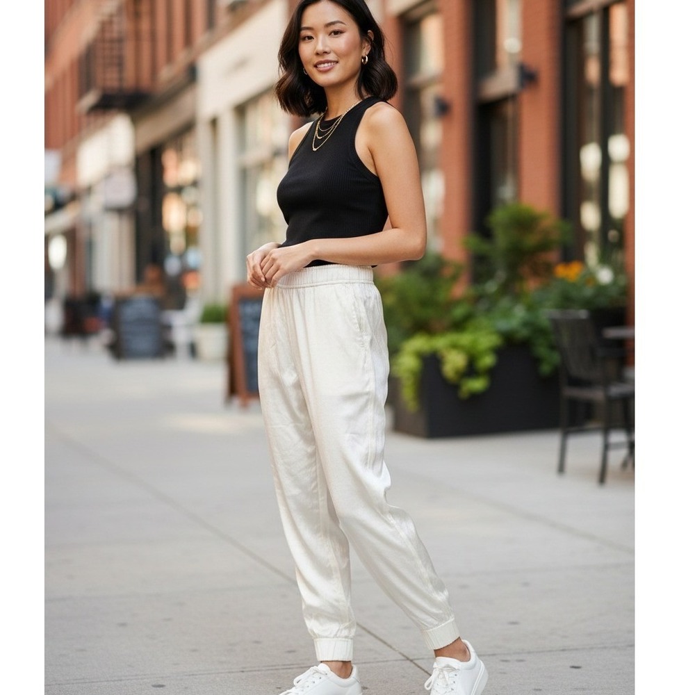 ZARA Jogger Pants Women's Size M Cream Satin Elastic Waist Pockets Lounge Chic